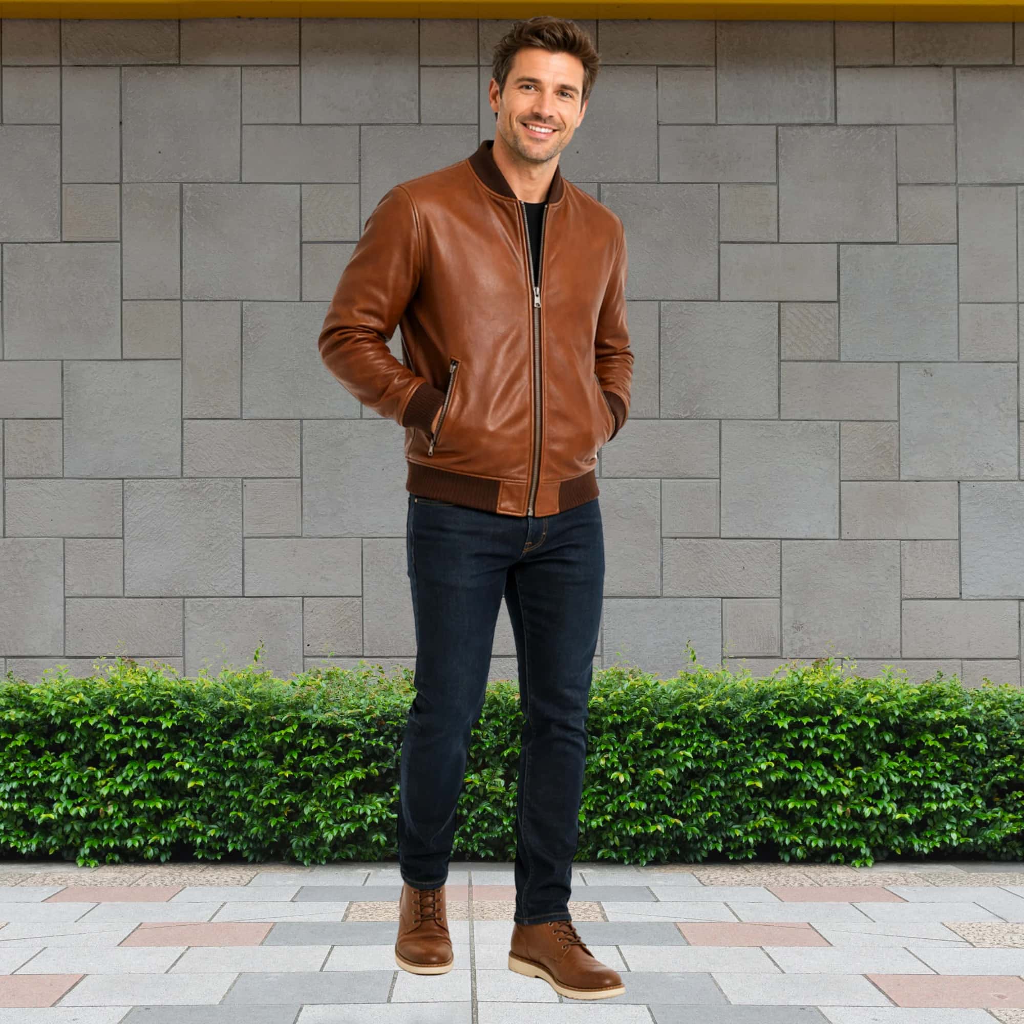 MS Corporation Men's Genuine Brown Sheepskin Leather Bomber Jacket with Ribbed Trim & YKK Zippers