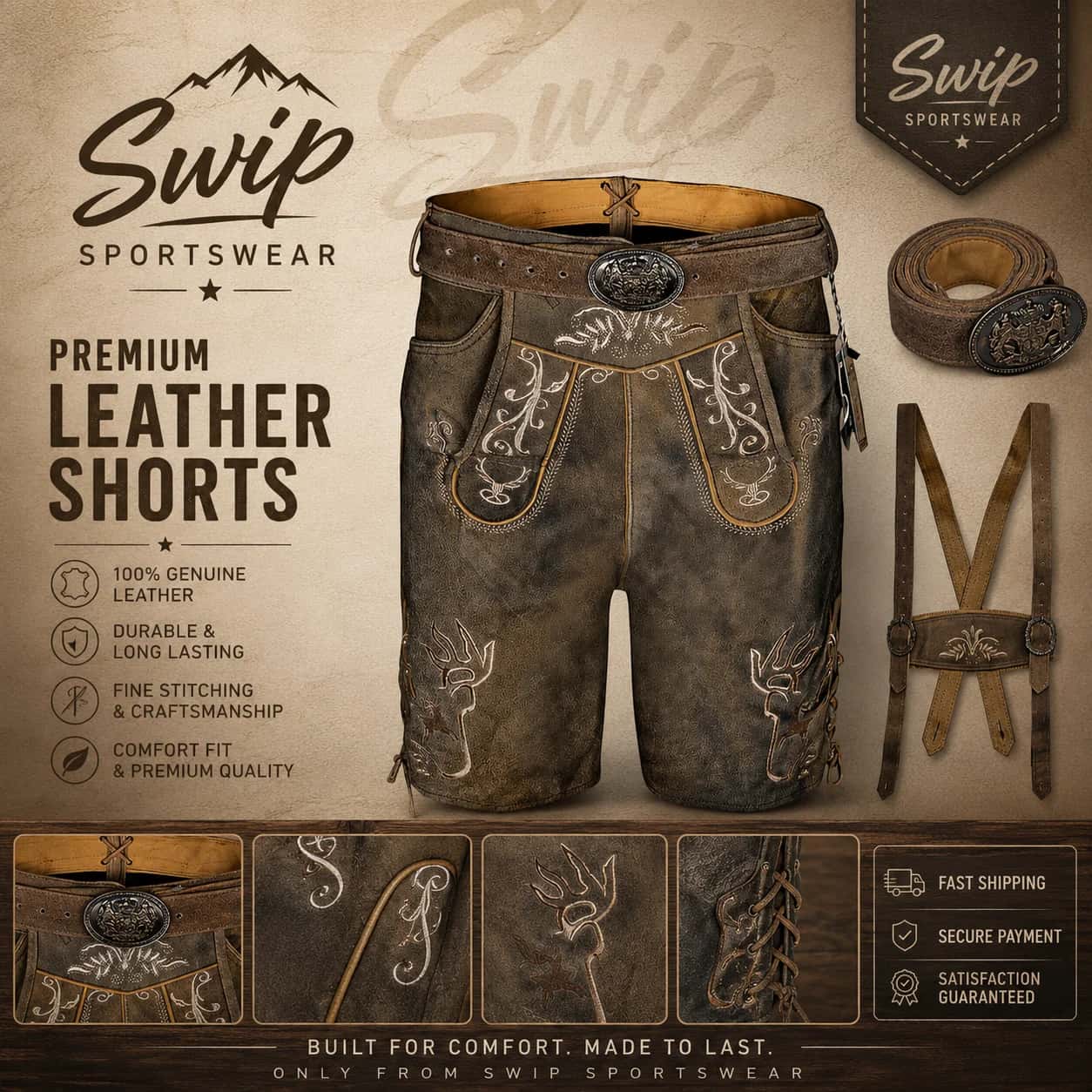 Traditional Bavarian Lederhosen Shorts – Genuine Leather, Embroidered Panels, Metal Buttons & Adjustable Suspenders | Leathers Produce