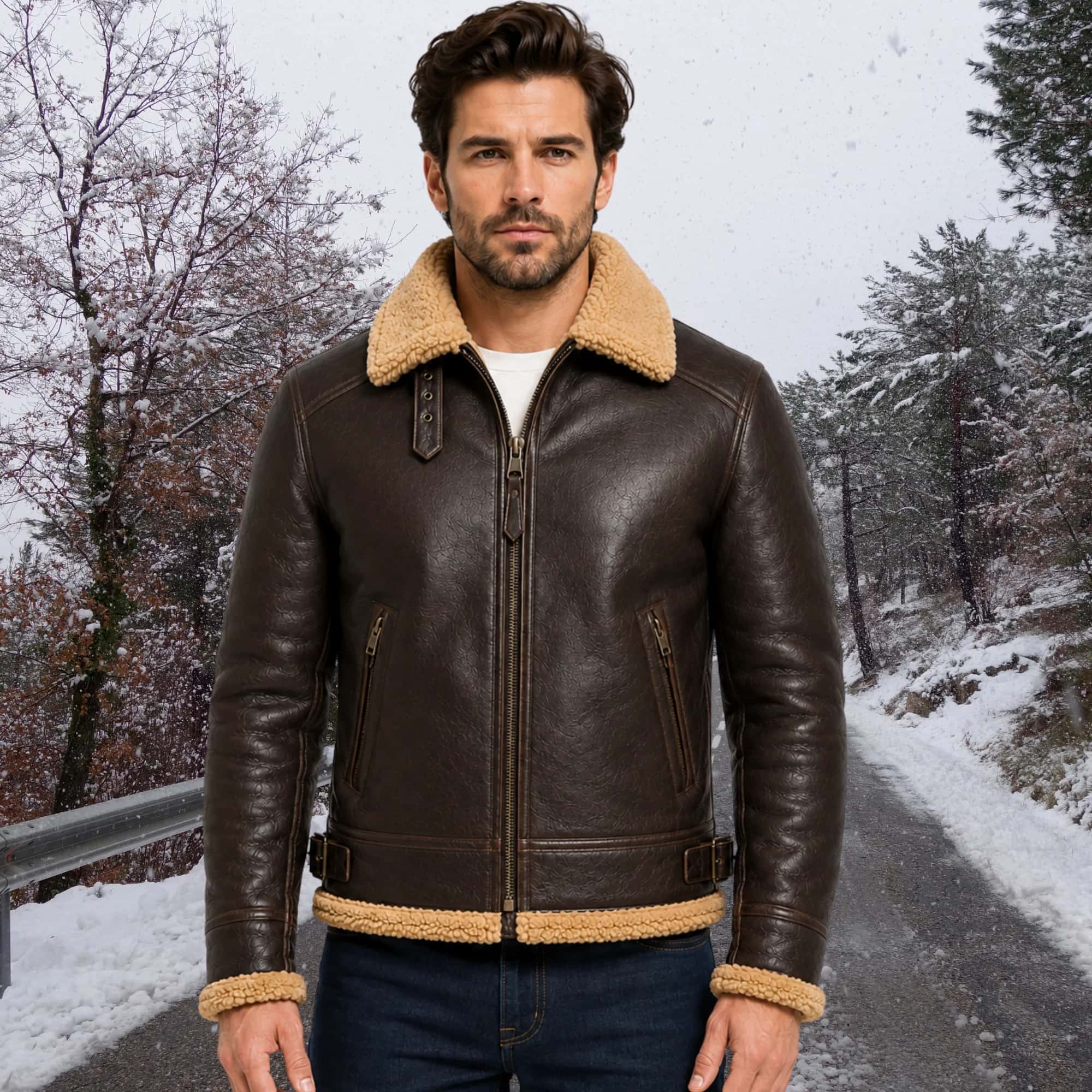 Royal Fitt Men's Dark Brown Genuine Leather Shearling B3 Bomber Jacket — Aviator Style with Thick Shearling Lining, Sizes XS–3XL
