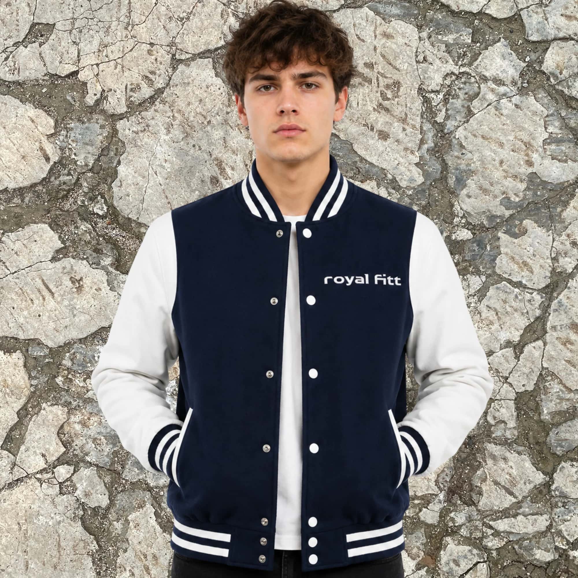 Royal Fitt Men's Varsity Jacket – 100% Wool Body & Genuine Sheepskin Leather Sleeves, Snap-Button Front, Quilted Lining
