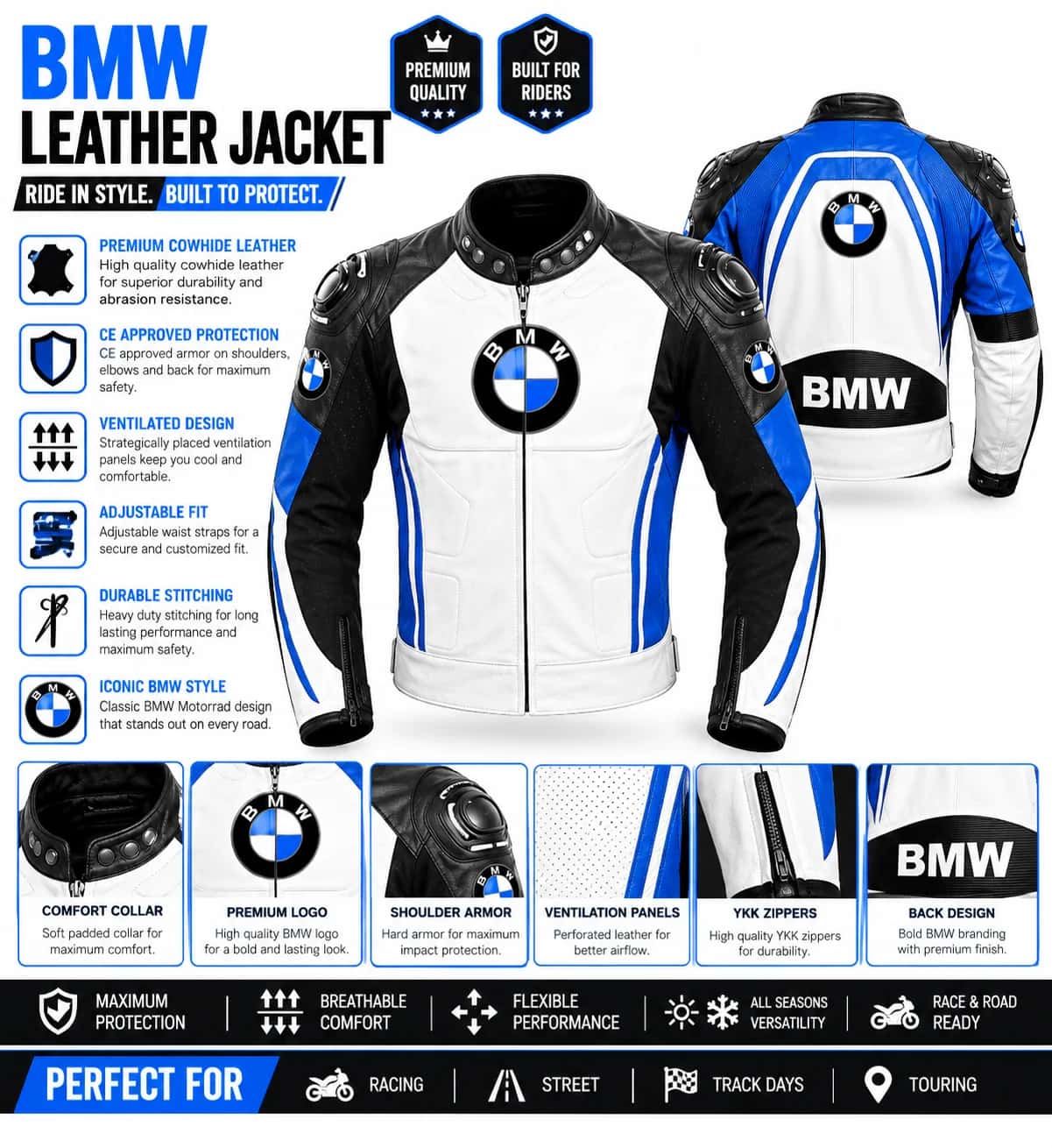 Motorcycle Racing Leather Jacket & Suit – CE Approved Cowhide, Knee & Elbow Sliders, Sizes XS–4XL