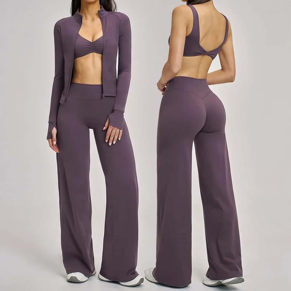 Women's 3-Piece Activewear Set – Zip-Front Long-Sleeve Jacket, Ruched Sports Bra & High-Waisted Wide-Leg Pants | Sky Sorts Wear