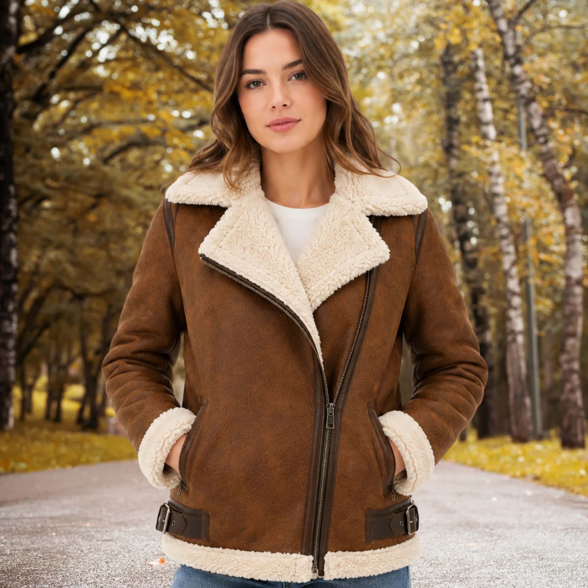 Women's Brown Shearling Aviator Jacket – Sherpa Lined Leather Winter Coat with Zippered Pockets & Adjustable Buckles | Royal Fit