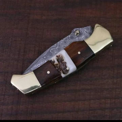 Custom Handmade Damascus Steel Folding Hunting Knife With Leather Sheath - SLL126
