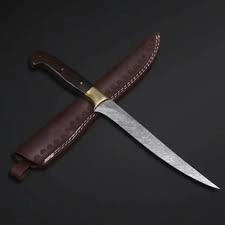 Custom Made Damascus Steel Fillet Knife with Genuine Leather...