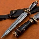 Damascus Steel Dagger Knife, Leather Sheath, Grey Blade, Bon...
