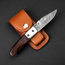 Handcrafted Damascus Steel Folding Hunting Knife with Leathe...