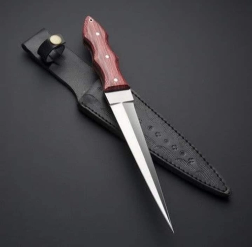 Stainless Steel Dagger Knife, Leather Sheath, Grey Blade, Wo...
